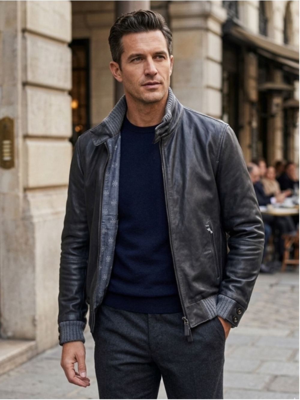 Jacob Cohen Black Lamb Leather and Wool Trim Bomber Jacket Size 50 Made in Italy